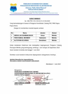 Ketua Umum PKC PMII Papua-Papua Barat Tunjuk Abdullah Rahman Bugis Pimpin PCP PMII Mimika Surat Mandat Abdullah Rahman Bugis Ketua Umum PKC PMII Papua-Papua Barat menunjuk Abdullah Rahman Bugis sebagai Ketua PCP Mimika, Fikri Haikal Wer-Wer sebagai