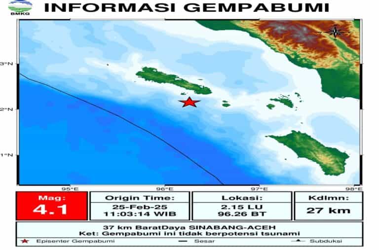Gempa Bumi Tektonik M4.1 Guncang Simeulue, Tidak Ada Kerusakan dan Korban