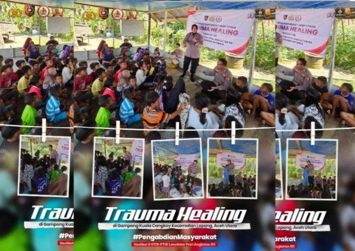 Aksi Trauma Healing STIK Angkatan 83 di Desa Kuala Cangkoi Aceh Utara, bentuk kepedulian Mahasiswa STIK terhadap kondisi psikologis masyarakat, khususnya anak-anak, pascabencana.