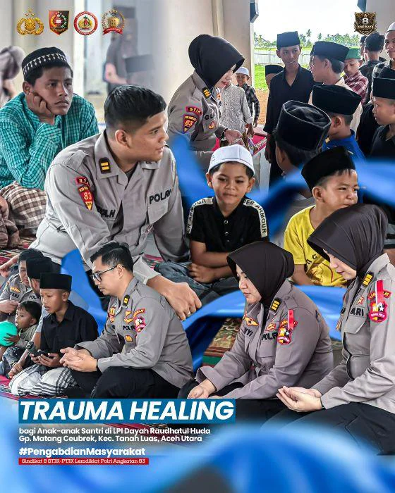 Mahasiswa STIK Angkatan 83 Laksanakan Program Trauma Healing di Raudhatul Huda Dayah, Kabupaten Aceh Utara, Jumat (20/02/2026) pukul 14.00 WIB.