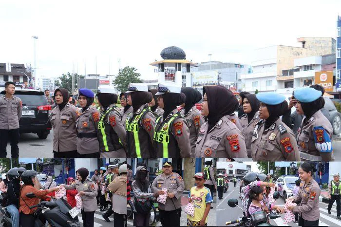 Kapolres Belitung AKBP Sarwo Edi Wibowo, Bersama Polwan Berbagi Takjil kepada Pengendara di Bundaran Satam, Jum'at (06/03/2026).