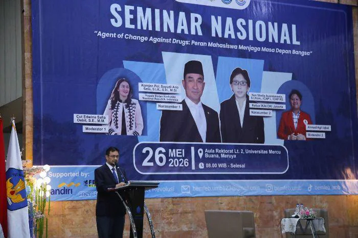 Mercu Buana Gelar Seminar Nasional, Kepala BNN Suyudi Ario Seto saat menjadi narasumber utama Seminar Nasional bertajuk "Agent of Change Against Drugs: Peran Mahasiswa dalam Menjaga Masa Depan Bangsa" di Aula Rektorat Universitas Mercu Buana (UMB), Jakarta Barat, Selasa (26/5/2026
