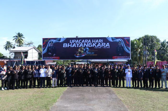 Polres Belitung Gelar Upacara Peringatan Hari Bhayangkara ke-80, Bertindak selaku Inspektur Upacara, Kapolres Belitung AKBP Sarwo Edi Wibowo, di halaman Mapolres Belitung, Rabu (1/7/2026) pukul 08.00 WIB.